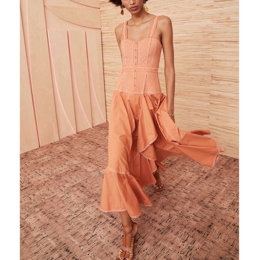 Ulla Johnson Peach Clay Nerida Midi Dress with Ruffled Skirt Size 8